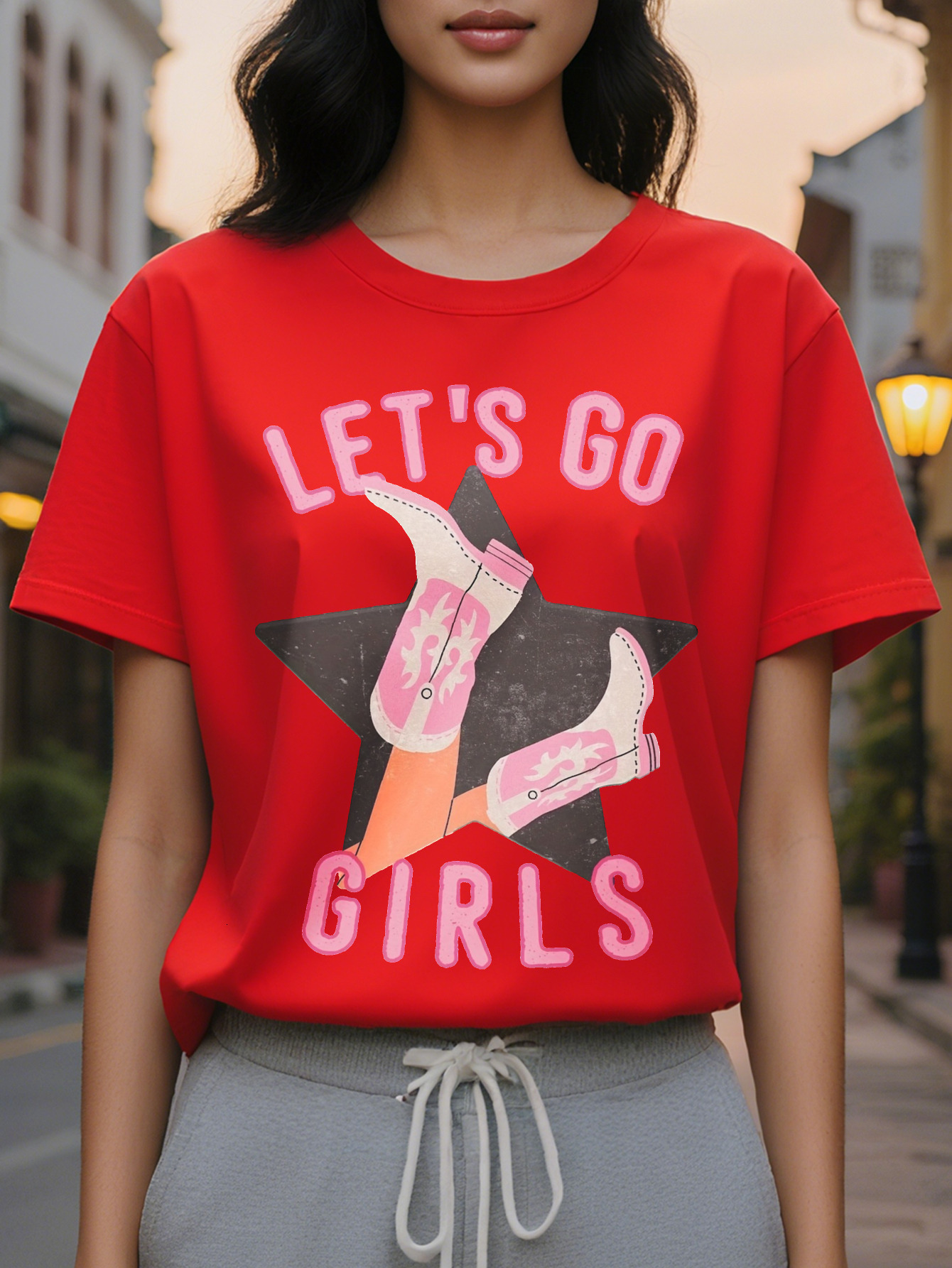 Vibrant Star Letter Print Crew Neck T-Shirt Soft Micro Elastic Cotton Fabric Short Sleeve Top Spring Summer Hand