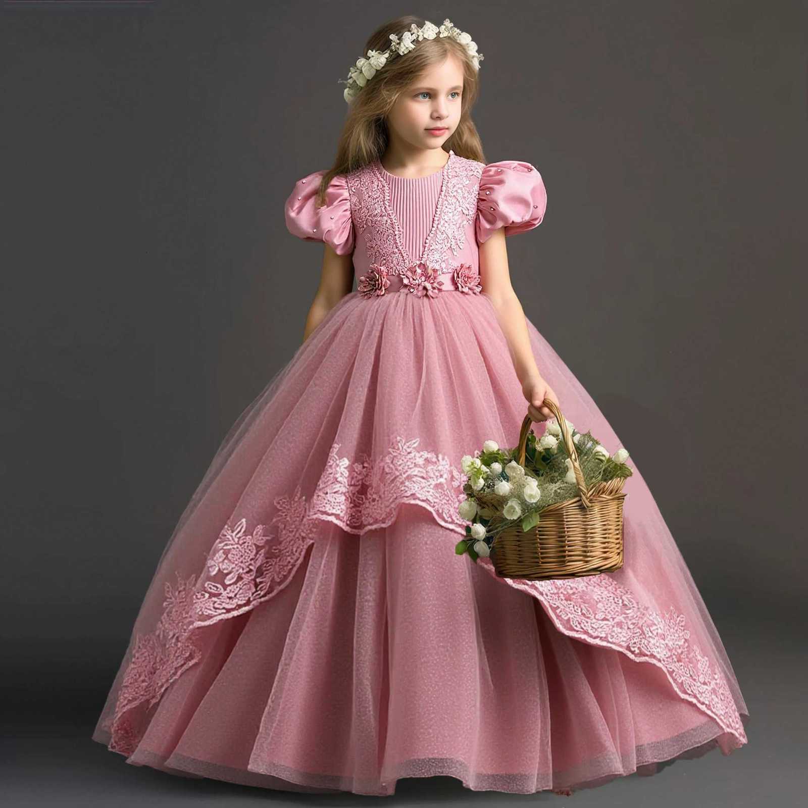 Elegant Flower Party Girls Dresses Puff Sleeve Beading Bridesmaids Wedding Princess Prom Dress Girl Tulle Birthday Evening Gown Z250904