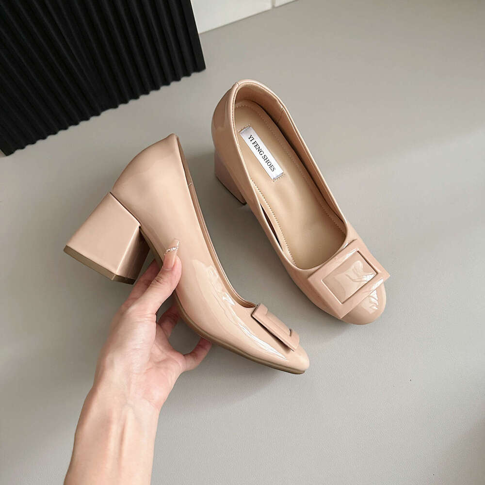 Nude Color Hidden Wedge 9cm Classic Buckle Elegant Shallow Mouth Patent Leather Chunky High Heel Single Shoes for Women