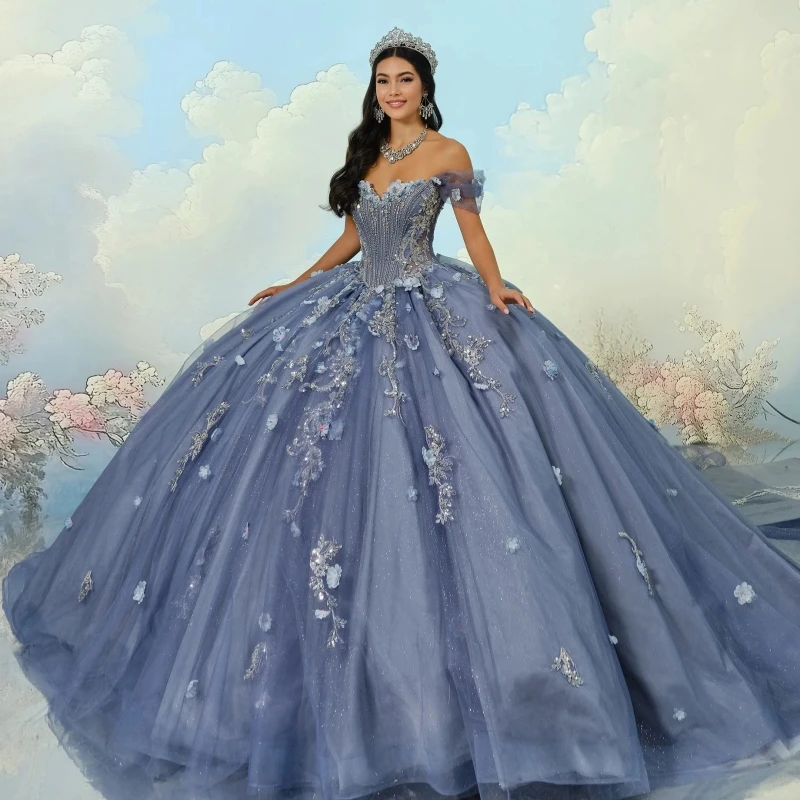 Navy Blue Shiny Quinceanera Dresses Ball Gown Off The Shoulder Applique Flower Beads Tull Sweet 16 Dress Vestidos 15 De Anos