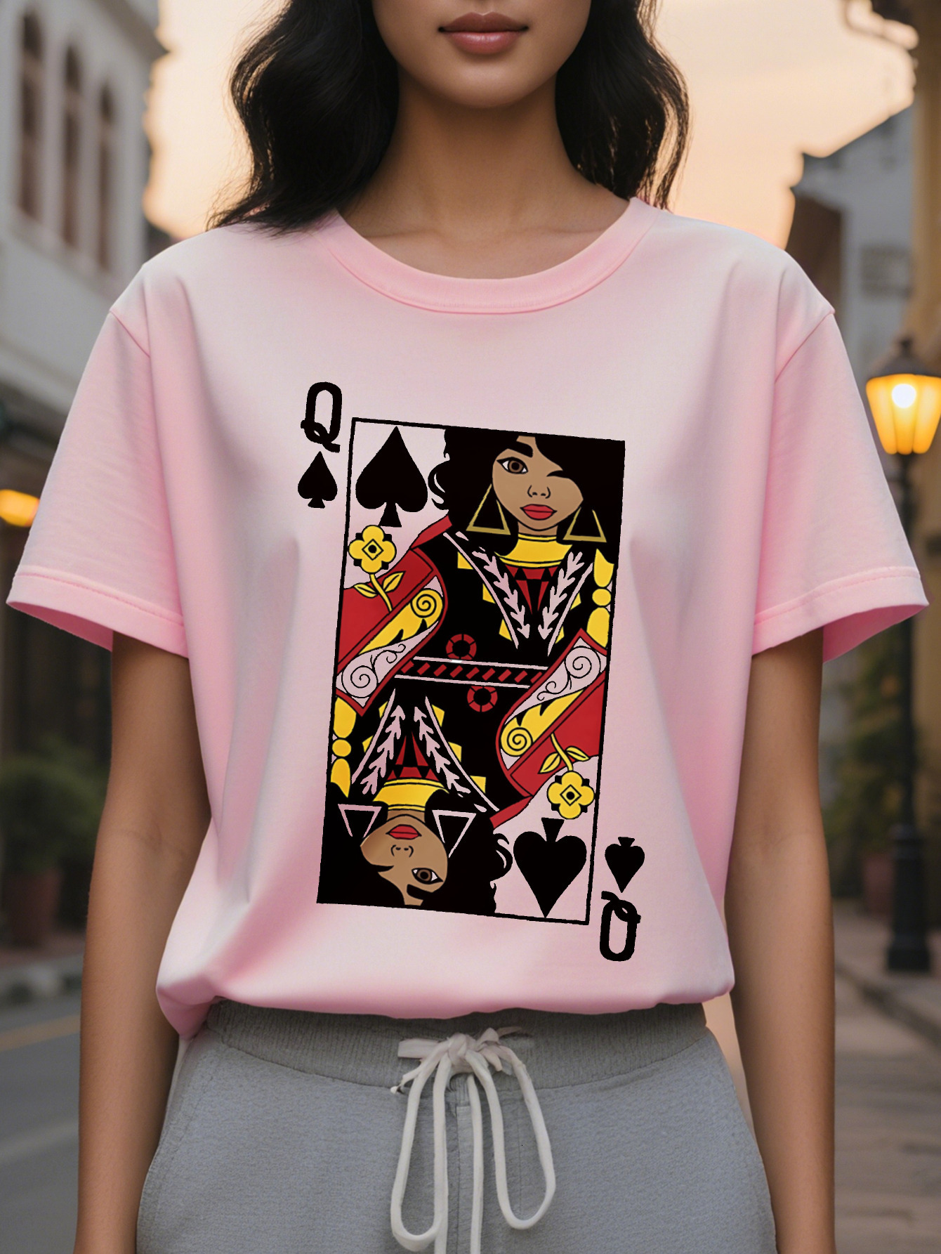 Short Sleeve Cartoon Card Q Print Crew Neck T-Shirt for Spring Summer Casual Women's Clothing