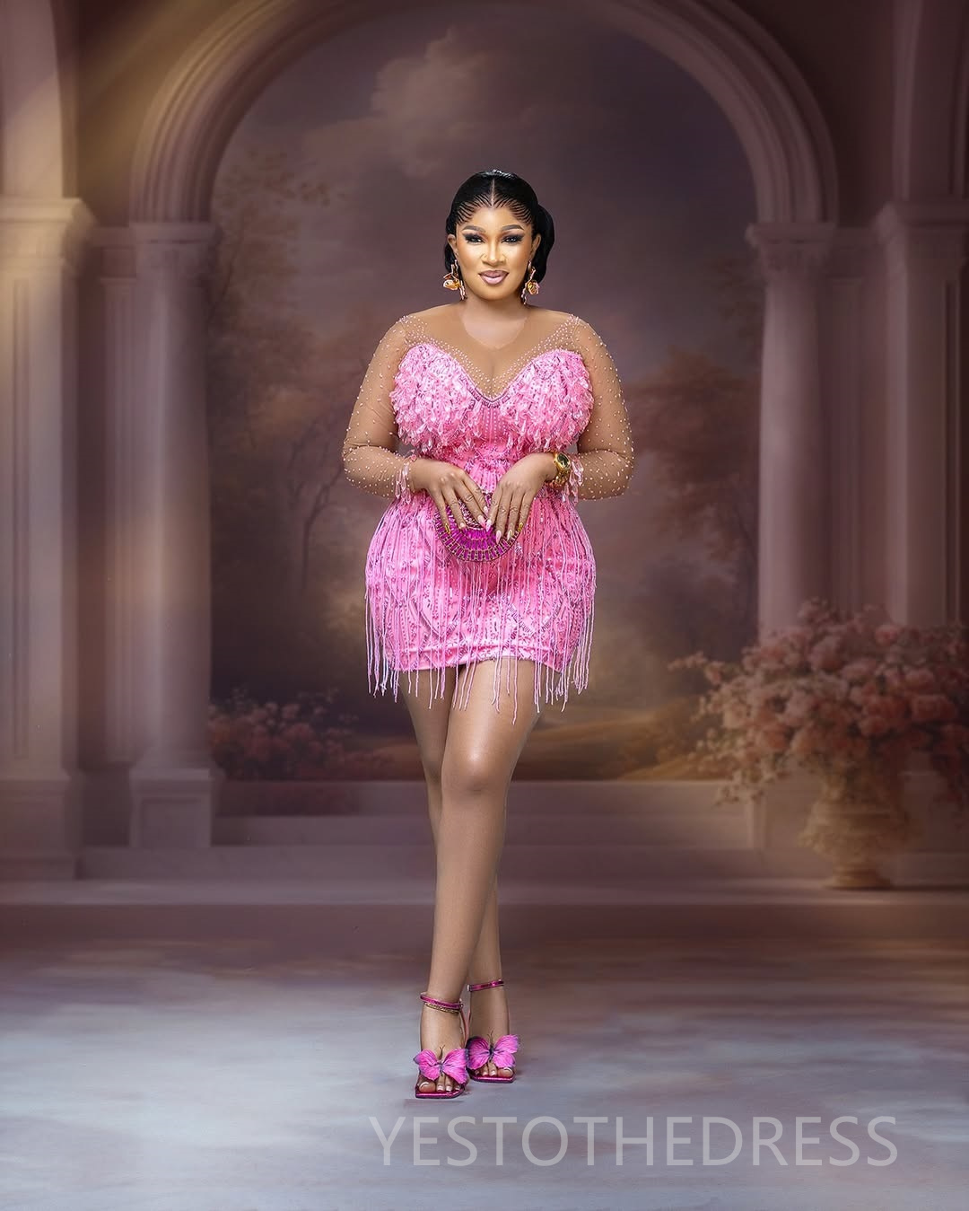 2025 Plus Size Pink Cocktail Dresses For Women Homecoming Dress Sheath Illusion Sheer Neck Long Sleeves Beaded Lace Crystals Tassel Prom Dresses For B