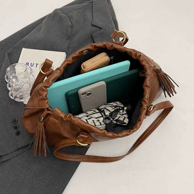 Vintage Womens Retro Tote Large Capacity PU Leather Boston Ruched Buckle Closure Hobo Bag Solid Color for Outdoor Travelluxury bag tote bag