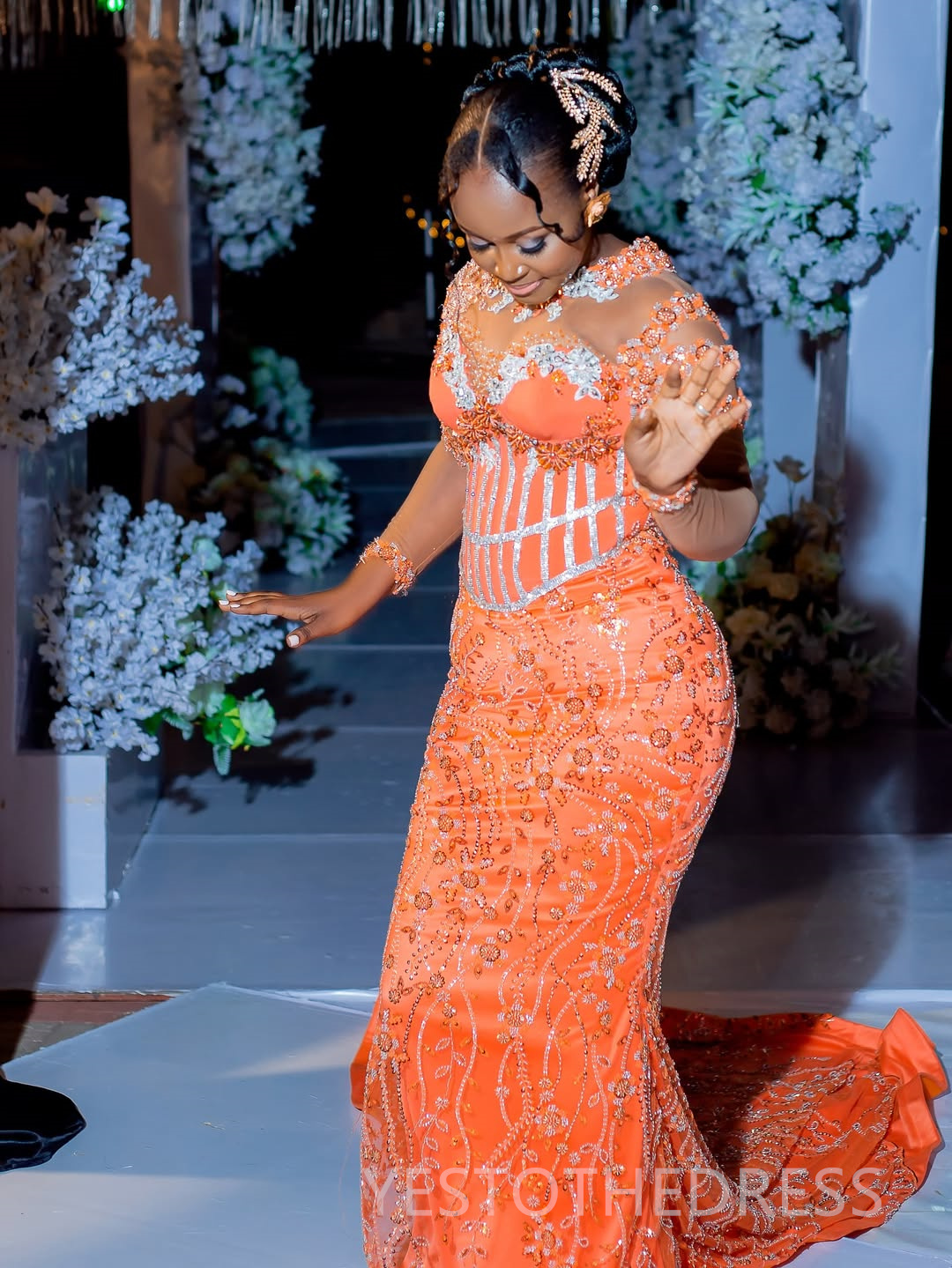 Orange Prom Dress 2025 Evening Dresses Vestidos De Novia Elegant Dresses For Special Occasions Beaded Lace Sheer Neck Birthday Dress Second Reception 