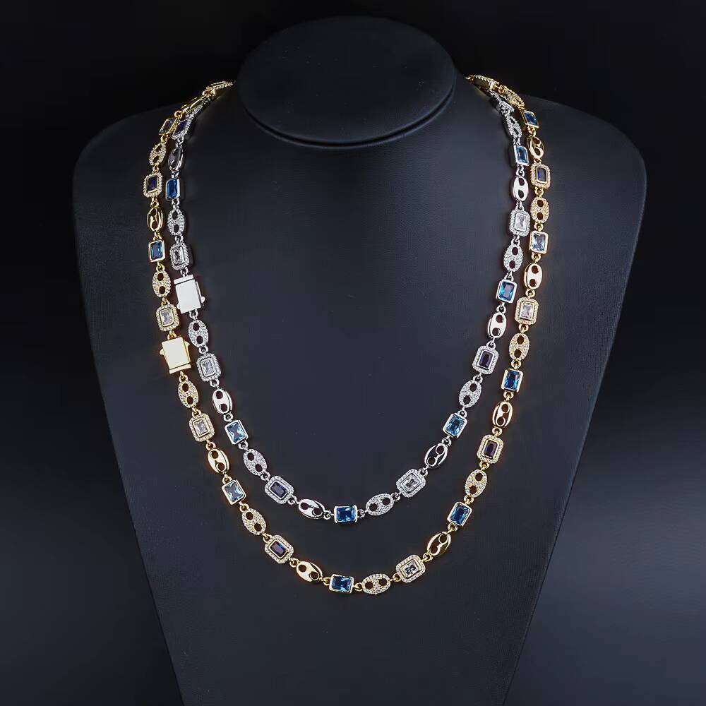 NUOYA Gold Plated Pig Nose Choker Necklace Geometric Gemstone Design Blue White Moissanite Fine Hip Hop Luxury Jewelry