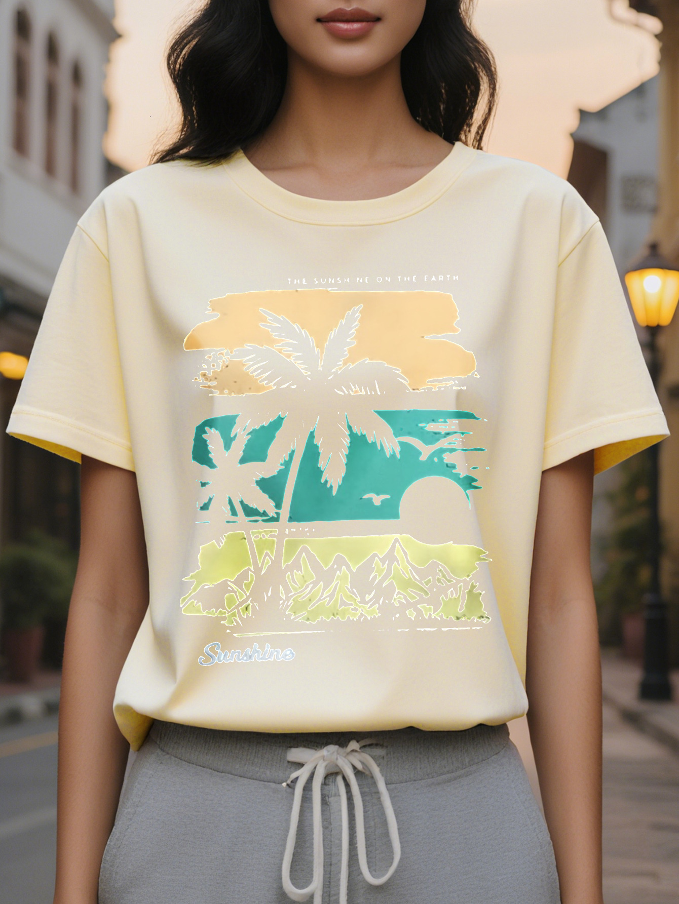 Women S Tropical Palm Tree Print Sleeveless Dress Casual Summer Style with SUNSHINE Graphic Black Round Neck