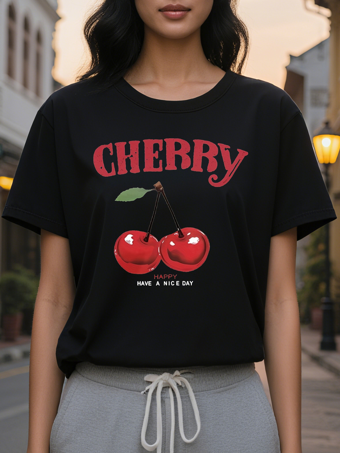 Cherry Ladies Casual Short Sleeve T-Shirt Loose Crew Neck Jacket Eye Catching Red Pattern Have A Nice Day Printing