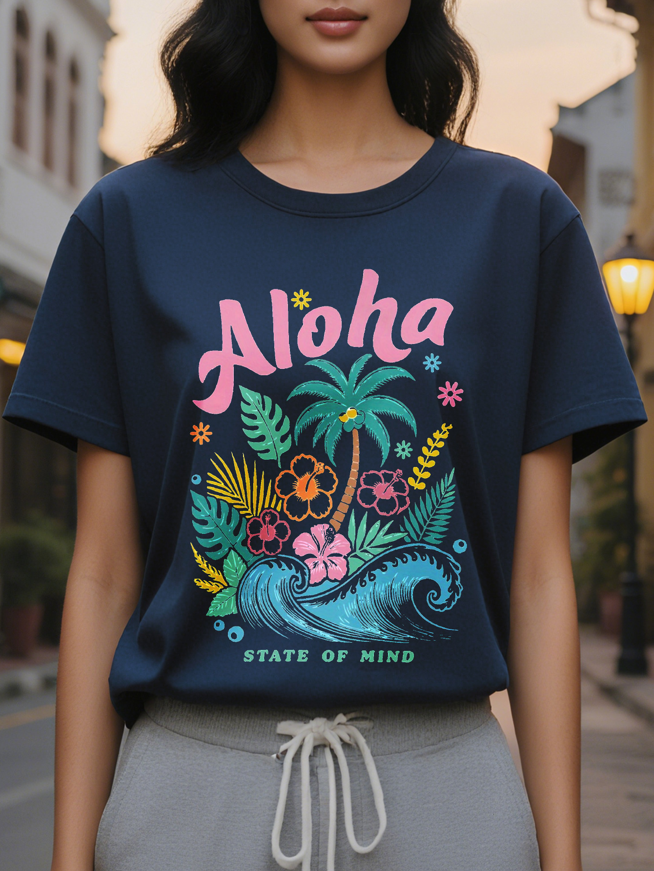 Women's Print T-Shirt Vibrant Summer Outfit with Palm Trees Flowers and Hawaiian Design Round Neck