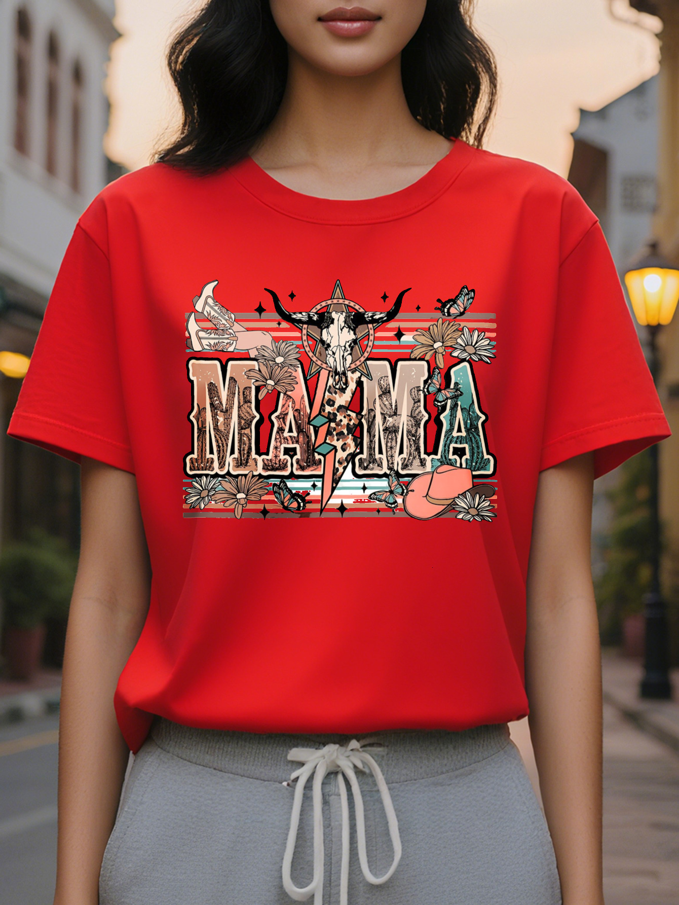 Women's Mother Print T-shirt Cow Head and Cactus Pattern Short Sleeve Round Neck Top Breathable Summer Casual Stretch