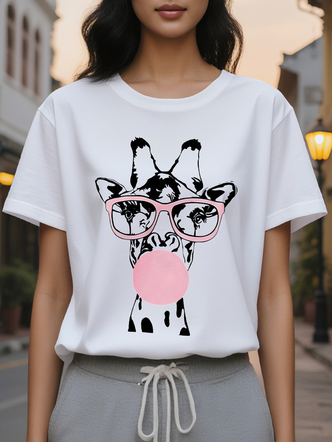 Ladies Cute Pattern Short Sleeve T-Shirt Funny Pink Glasses Bubble Gum Design Breathable Round Neck Casual Jacket