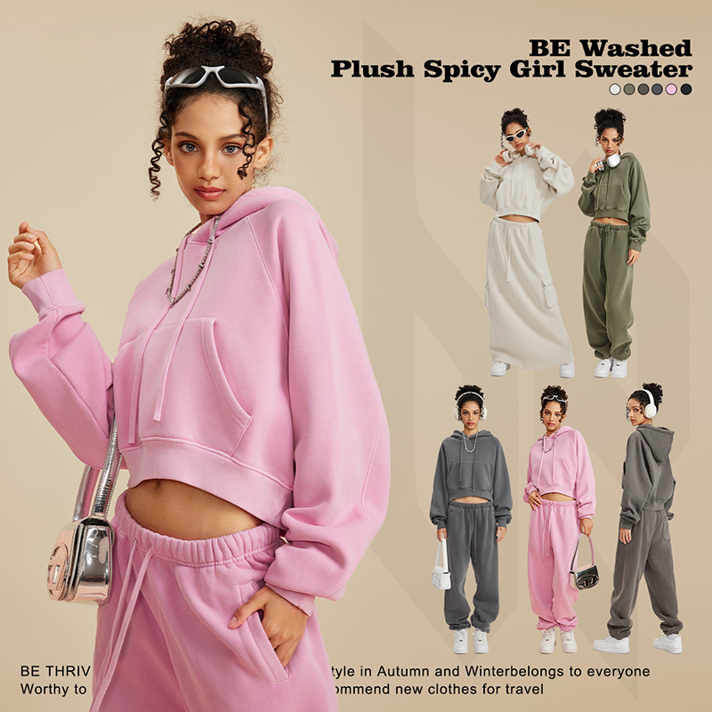 Women's clothing 2025 autumn/winter European and American spicy girl shoulder insertion retro washed and velvet hooded women's hoodie women&