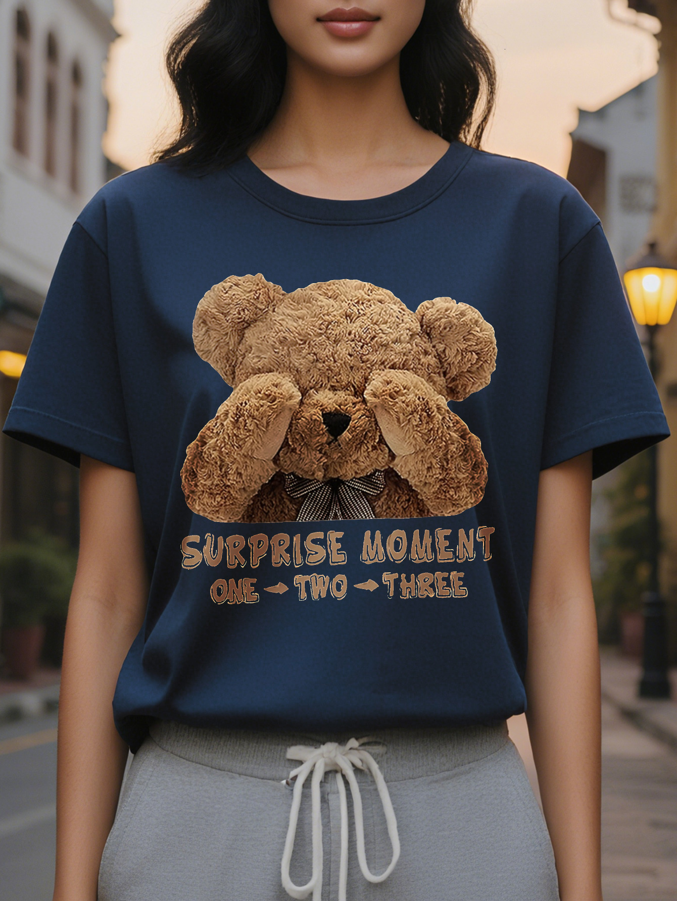 Women S Cute Teddy Bear Graphic T-Shirt Casual Short Sleeve Crew Neck Black with Surprise Moment Design Soft for