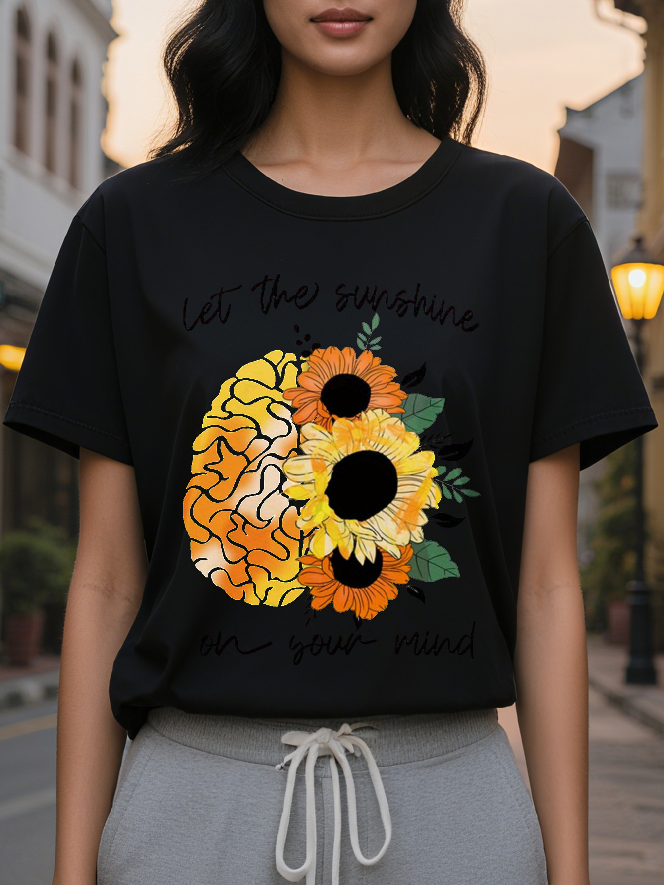 Ladies Elegant T-Shirt Let The Sun Light Up Your Heart Pattern Round Neck Short Sleeve Cotton Wear Casual