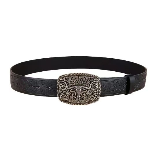 Men Women-Western-Cowboy-PU Leather-Belts - Vintage Belt Floral Engraved Buckle Belt for Jeans 250117