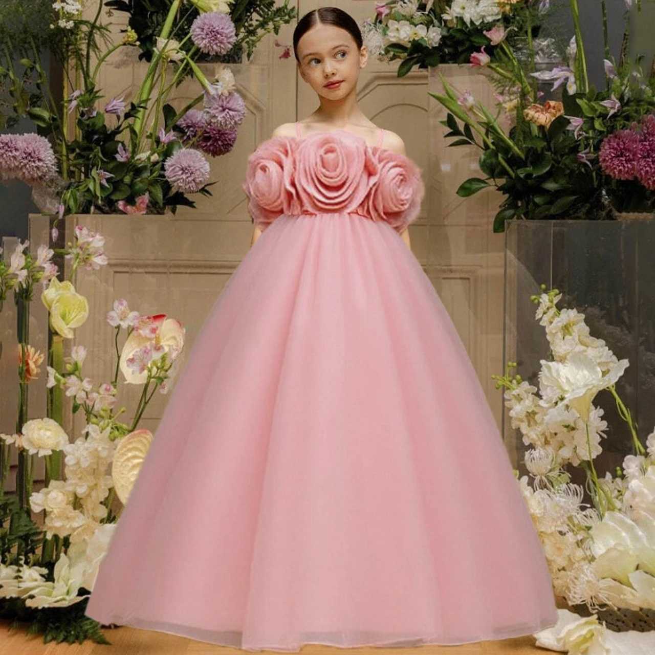 Elegant Trailing Wedding Princess Party Dresses for Girls Backless Flower Birthday Prom Girl Dresses Bridesmaid Evening Costumes Z250904