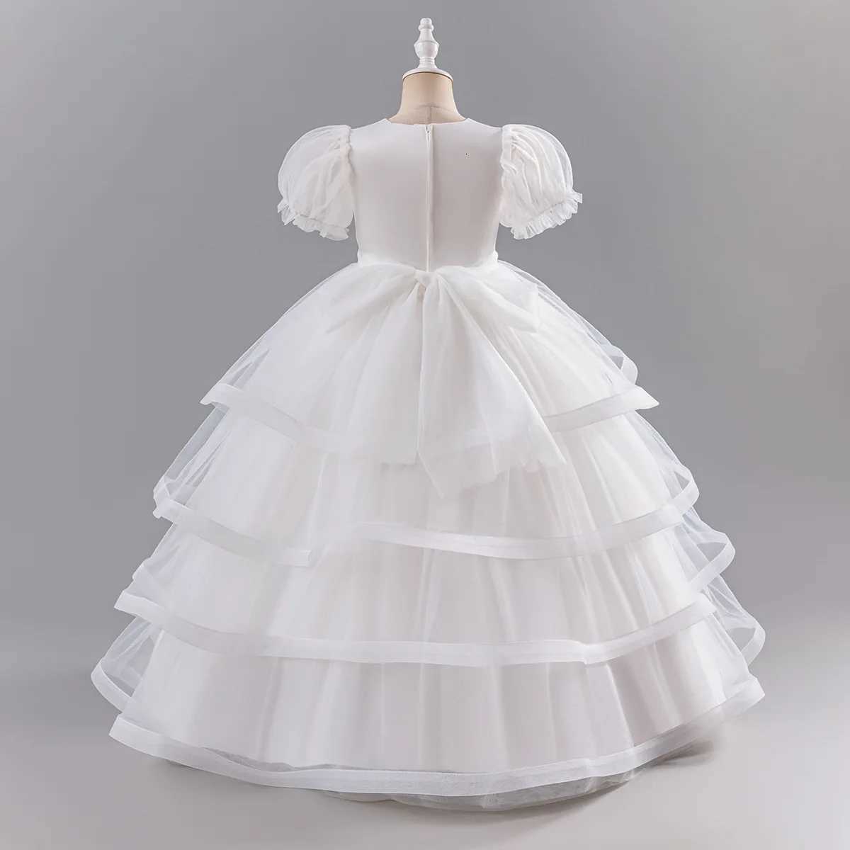 Girls New Pearl Sequin Flower Bubble Sleeve Mesh Long Fluffy Skirt Wedding Flower Girl School Makeup Ball Princess Skirt Z250904