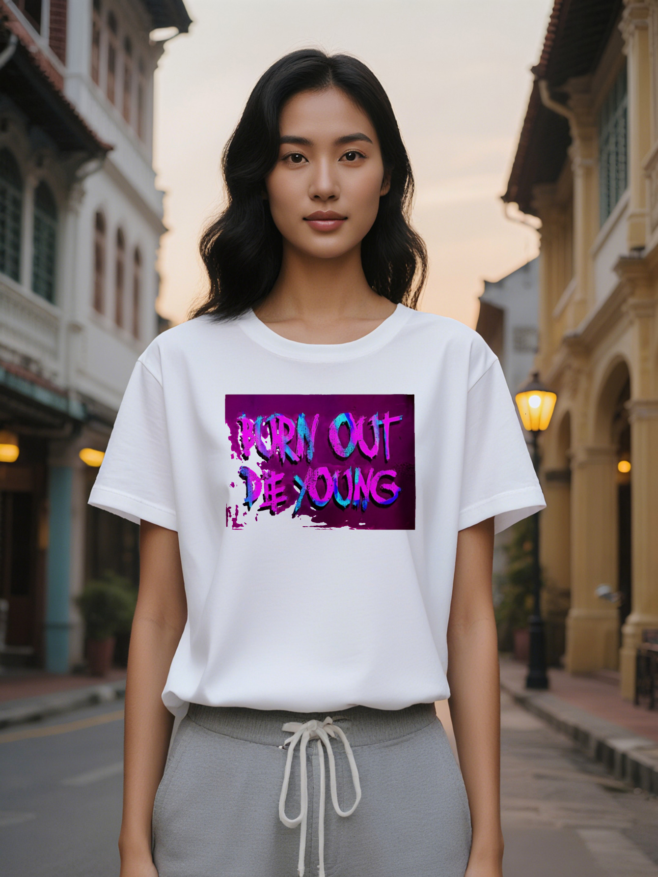 Large XL Lady Casual Crew Neck T-Shirt with Burn Out Die Young Graphic Black Lightweight and Breathable Perfect for Summer Plus Size