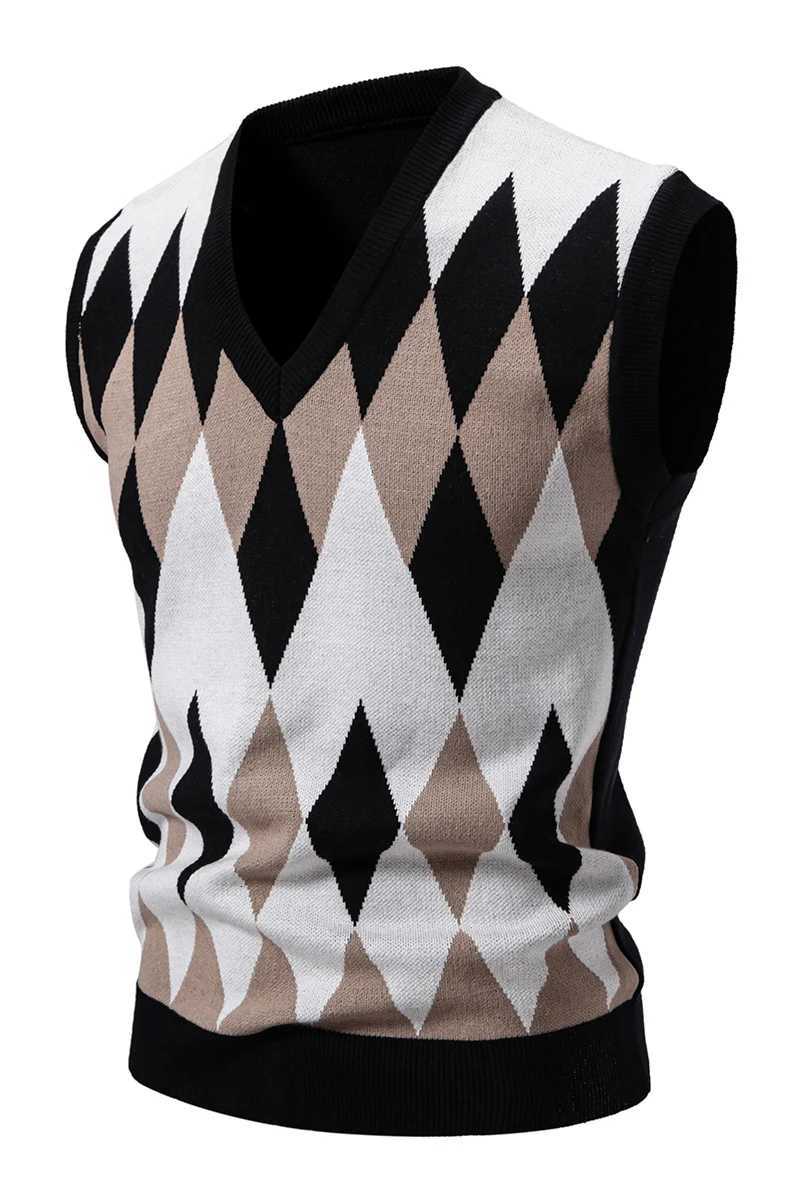 Mens Fashion Embroidery Color Matching Vneck Sleeveless Sweater Casual Lining Vest VestsXJ250904