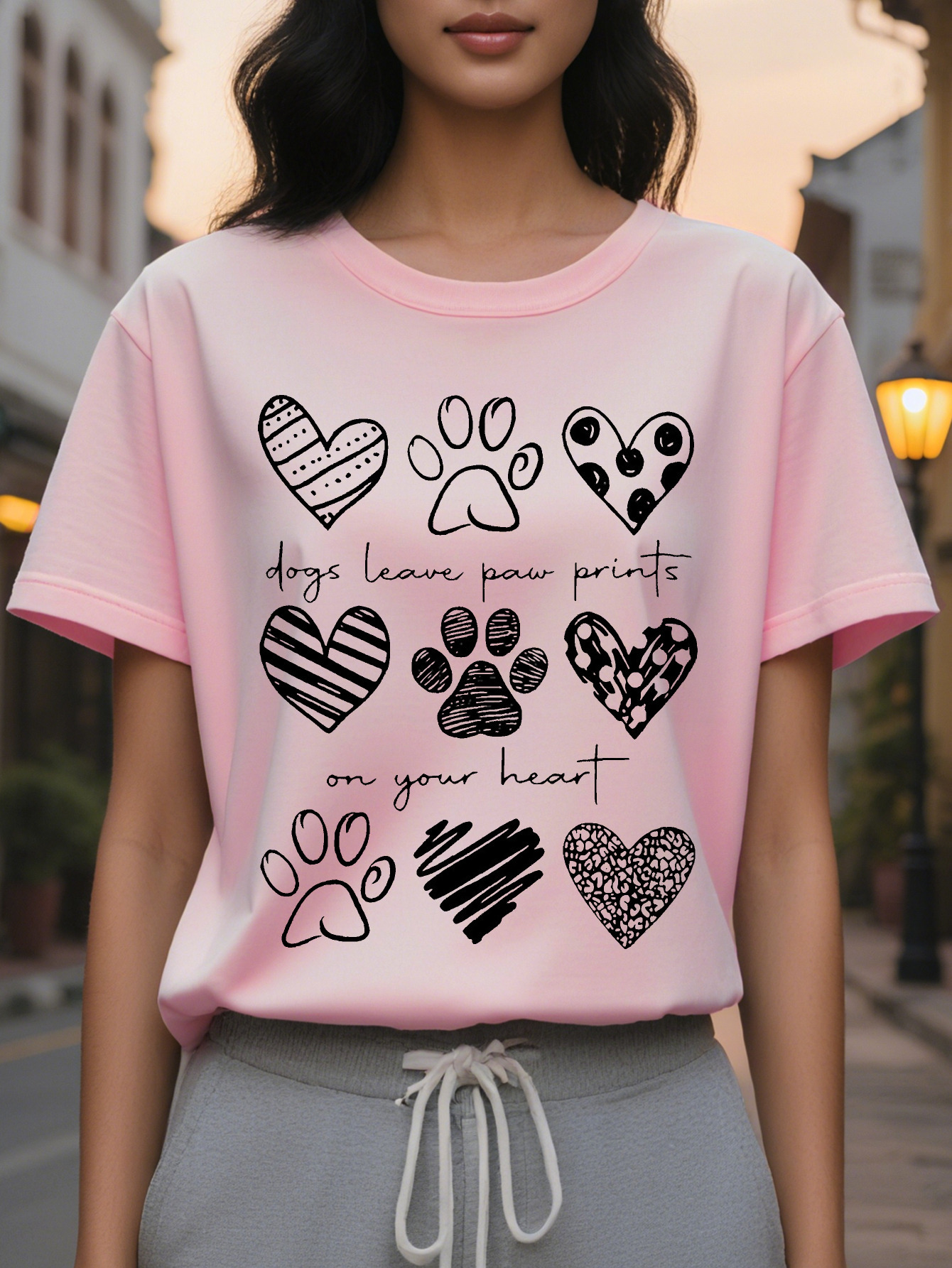 Women's Cute Print Short Sleeve T-Shirt Dogs Leave Paw Marks On Your Heart Design White Round Neck Casual Top Spring