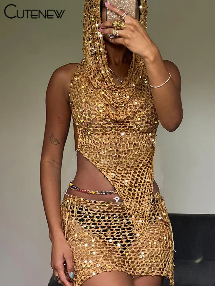 Cute Womens Knitted Two Piece Set Hooded Camisole Vest TopHip Slim Mini Skirt Streetwear Female Dress Suit 250904