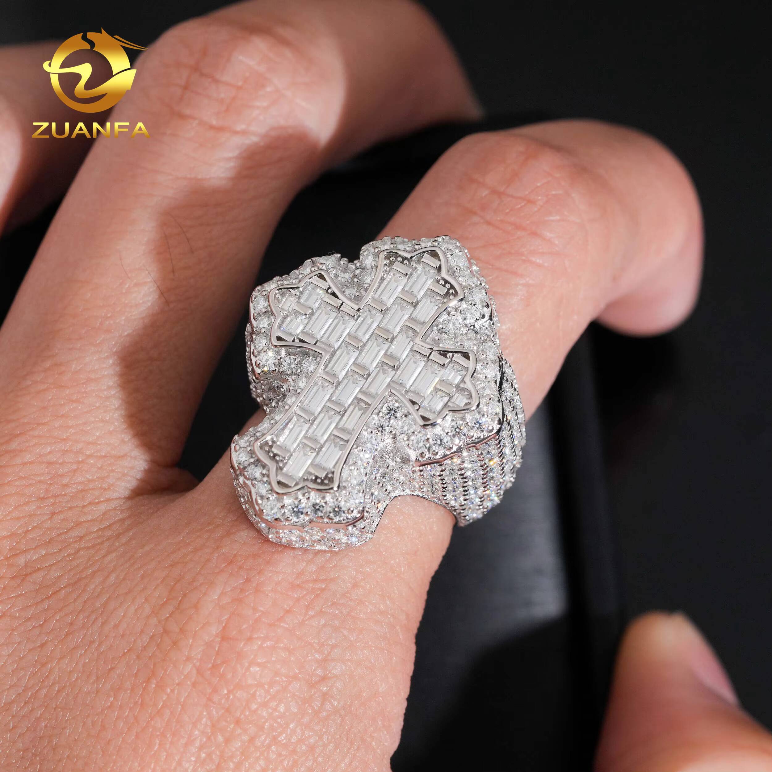 USA Local Stocks Affordable Ready to Ship Cross Ring Gold Baguette Moissanite Ring Iced Out Men Diamond Ring Iced Out Jewelry