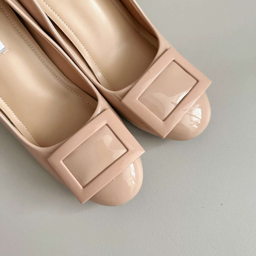 Nude Color Hidden Wedge 9cm Classic Buckle Elegant Shallow Mouth Patent Leather Chunky High Heel Single Shoes for Women