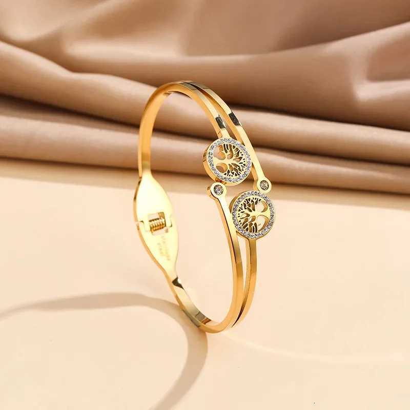 Luxury Stainless Steel Tree of Life Open Bracelet for Women Men Goldcolor Cubic Zircon No Fade Color Lucky Cuff Bangle Jewelry Y250904