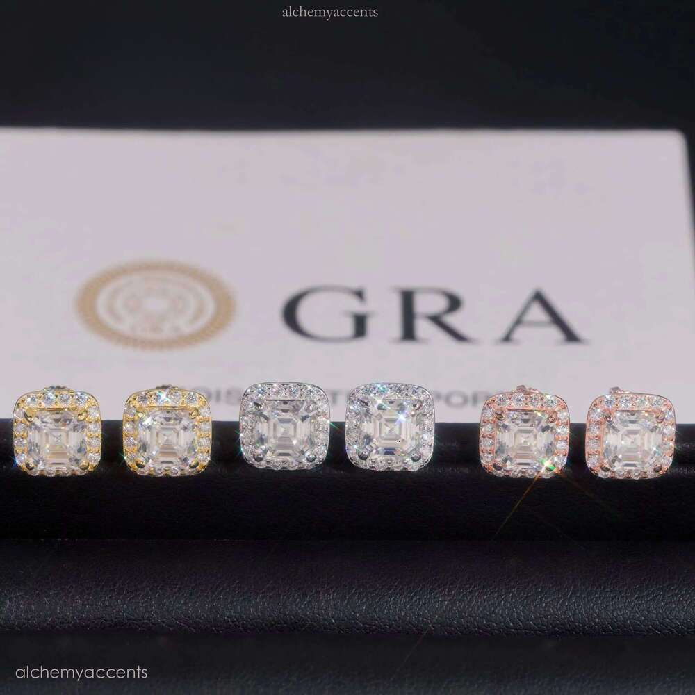 RTS Tester Certified Hip Hop Jewelry Sier Asscher Cut VVS Dia Moissanite Stud Fashion Earrings