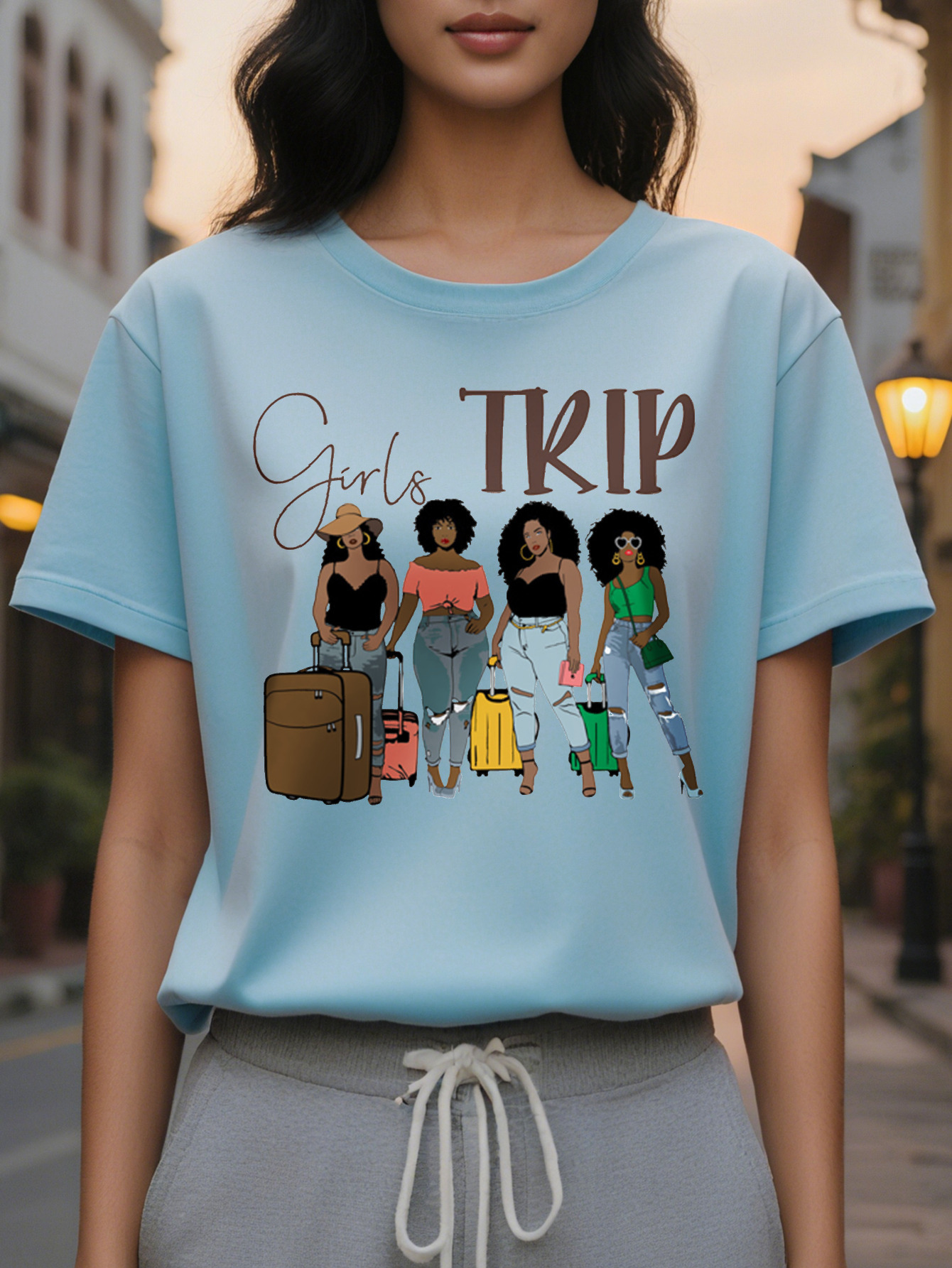 Large XL Girl Trip Print Crew Neck Casual Short Sleeve T-shirt for Summer Women's Clothing Plus Size