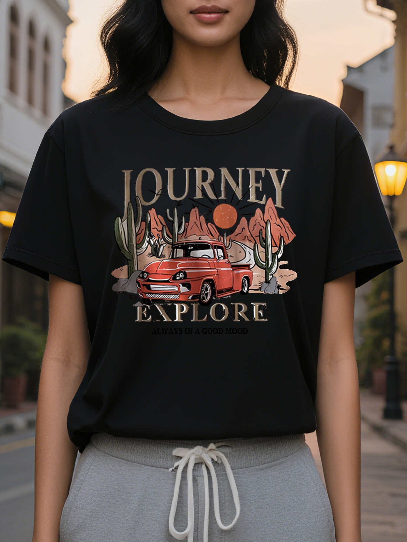 Women's Pink Journey T-Shirt Route Desert Cactus Casual Slim Fit Short Sleeve Round Neck Top for Spring