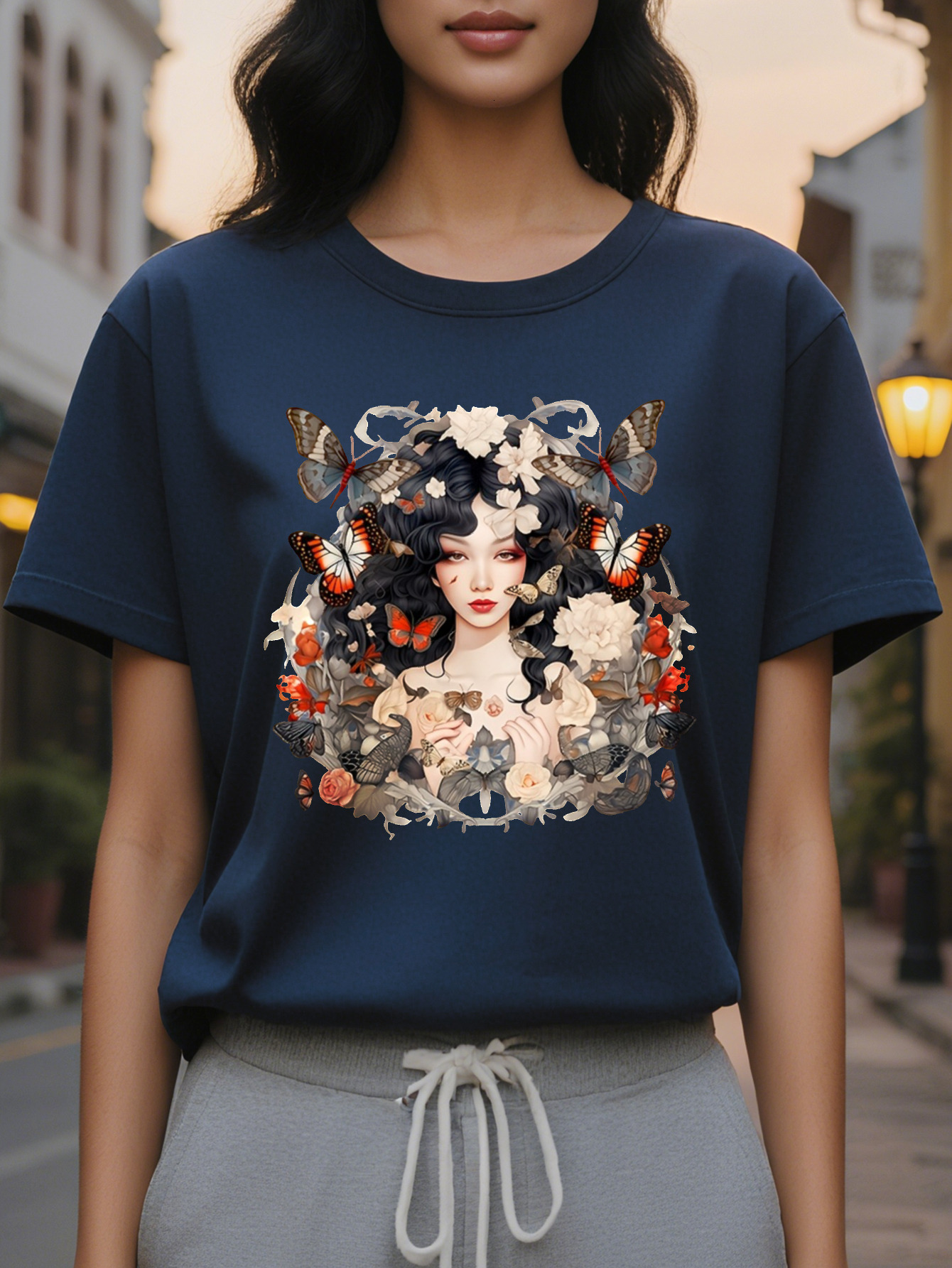 Ladies Butterfly Floral Print T-Shirt Lightweight Square Meters Cotton Fiber Round Neck Short Sleeve Top