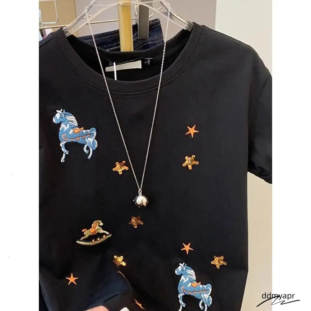 High-End Summer Pure Cotton Short Sleeve Black T-Shirt Womens Fashion Top Metal Embellishment Crew Neck Tee European Ddmyday Style 250723