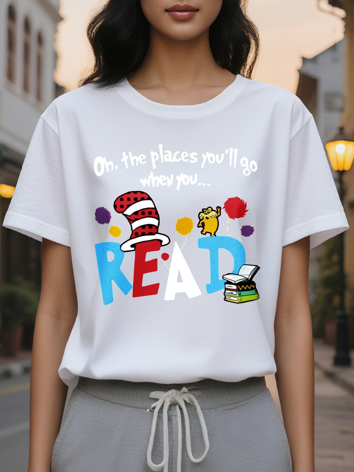 Large XL Women's Casual Short Sleeve T-Shirt Vibrant Orange Cartoon Letter Print with Book Cat On the Places You'll Go Graphic Plus Size