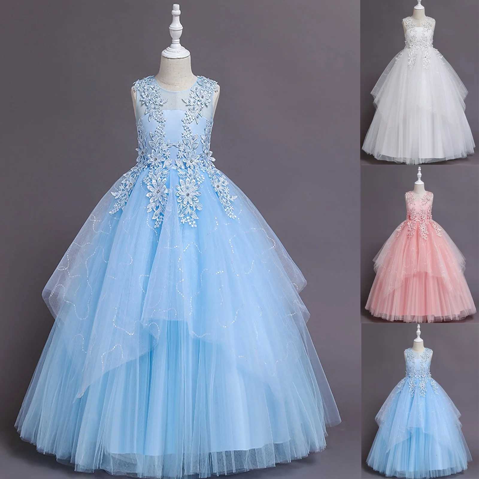 Girls Sequin Princess Dress 4-12 Years Old Embroidery Color Matching Mesh Long Dress Flower Boy Prom Evening Dress Halloween Z250904