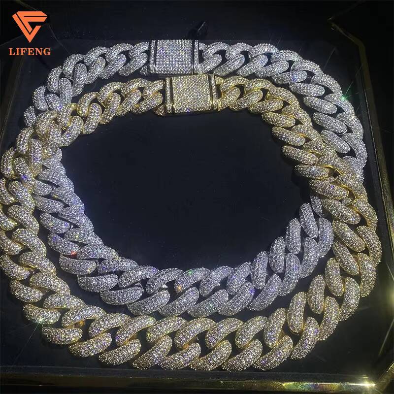 Custom 20mm 5Rows 925 Sterling Silver Gold Plated Cuban Link Chain Mens Full Iced Hip Hop Diamond Moissanite Fine Necklaces