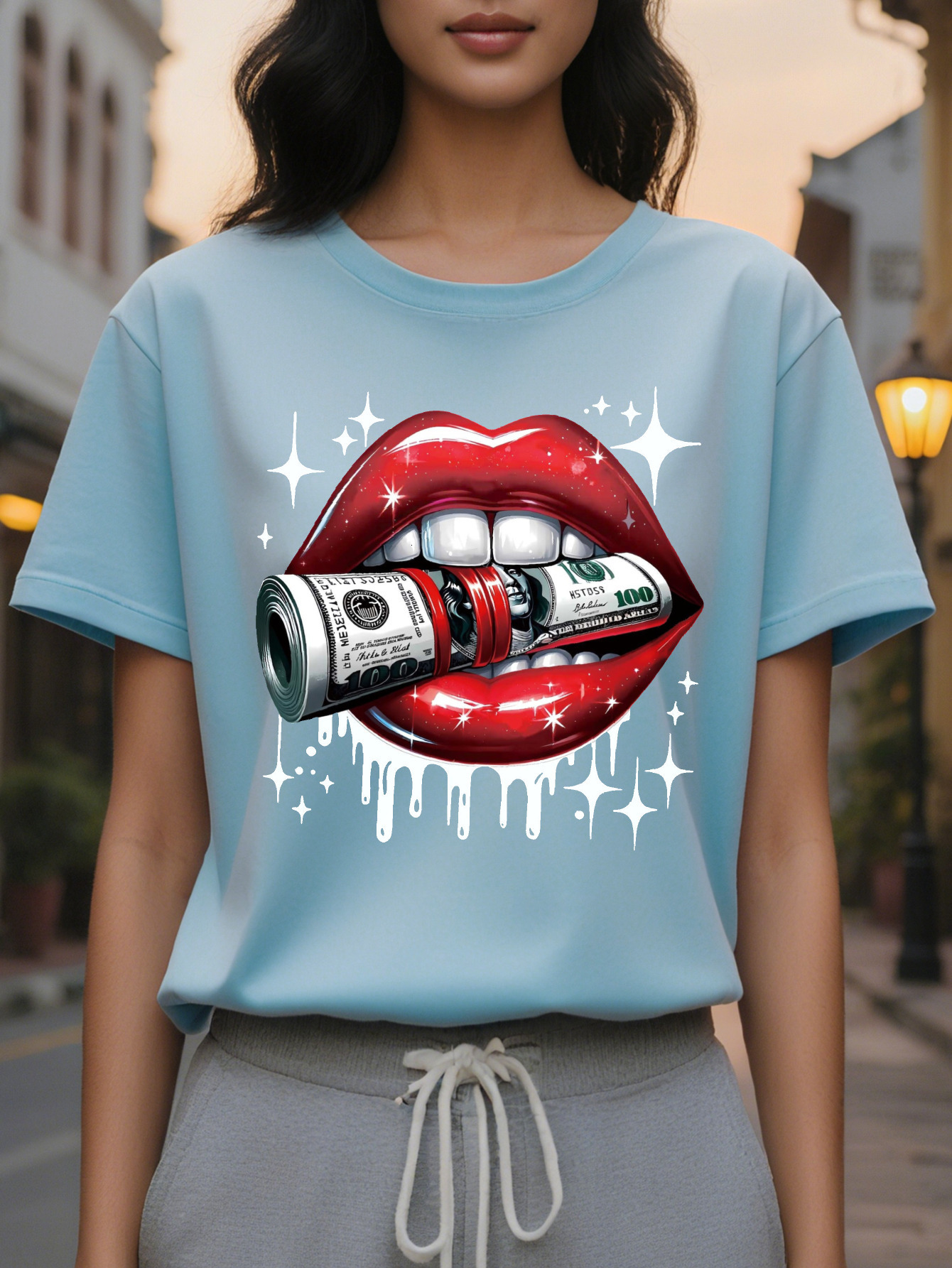 Red Lips Dollar Print T-shirt Casual Short Sleeve Crew Neck Top Stylish All Season Women's Clothing