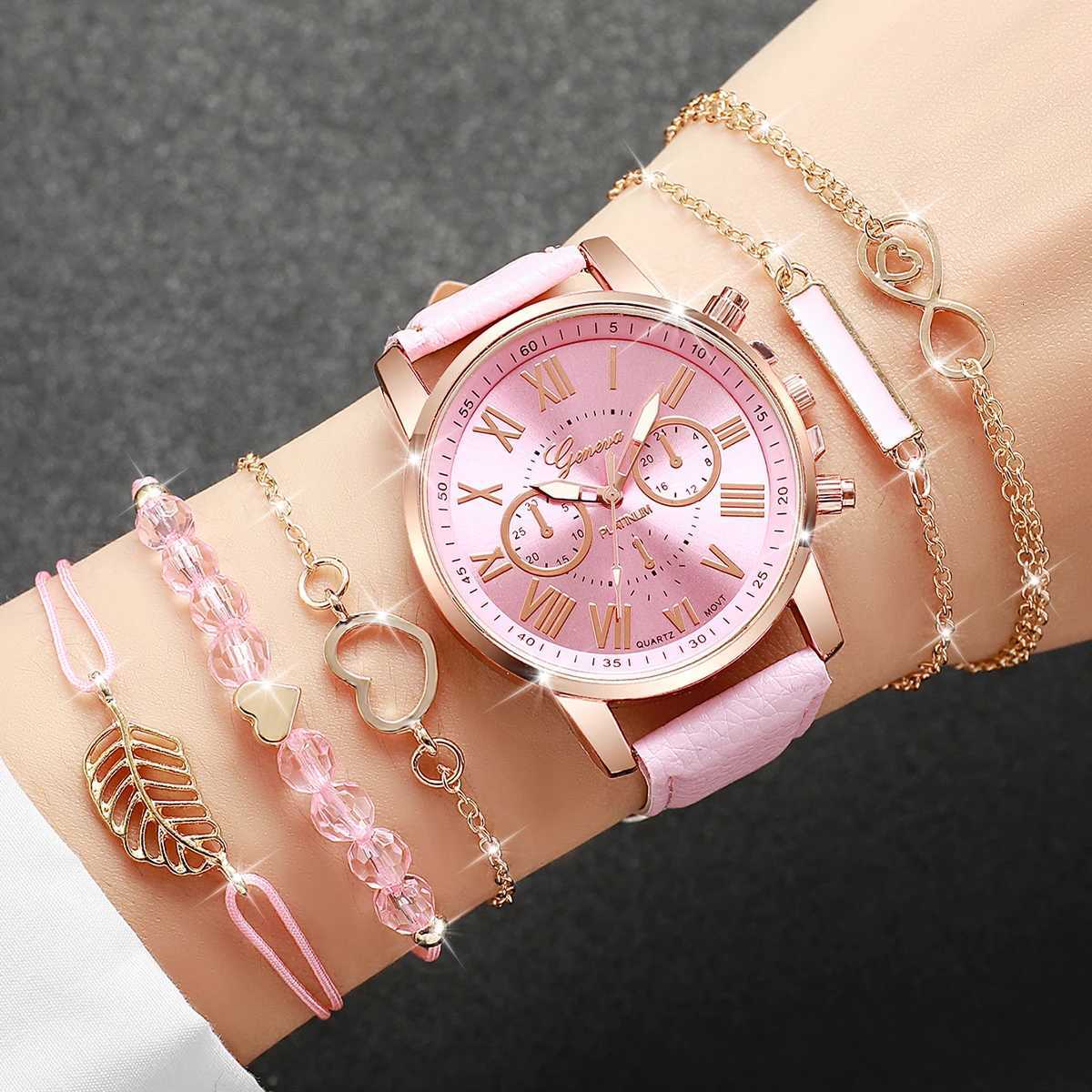 6PCSSet Wens Watch Fashion Ra Dial Fem Leather Band Quartz Watch Bracelets SetWithout Box X250904