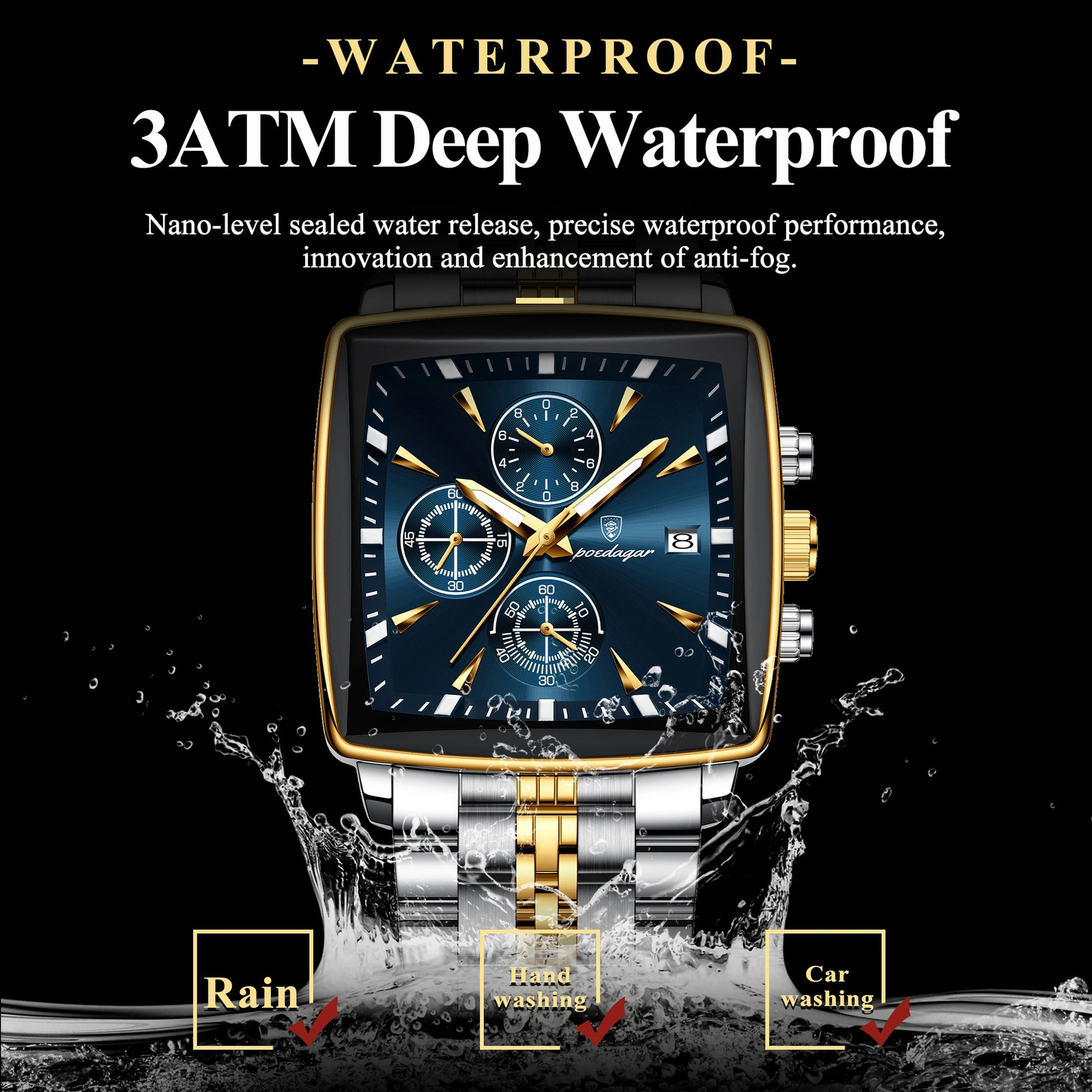 POEDAGAR Fashion Men Watch Luminous Waterproof Chronograph Date Man Wristwatch Square Stainless Steel Quartz Mens Watches Reloj 250828