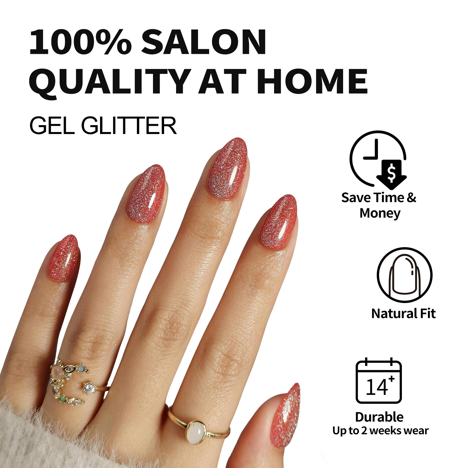 Pressed nails almond short shiny diamond glitter red tape glue 16 sizes-32 reusable nails