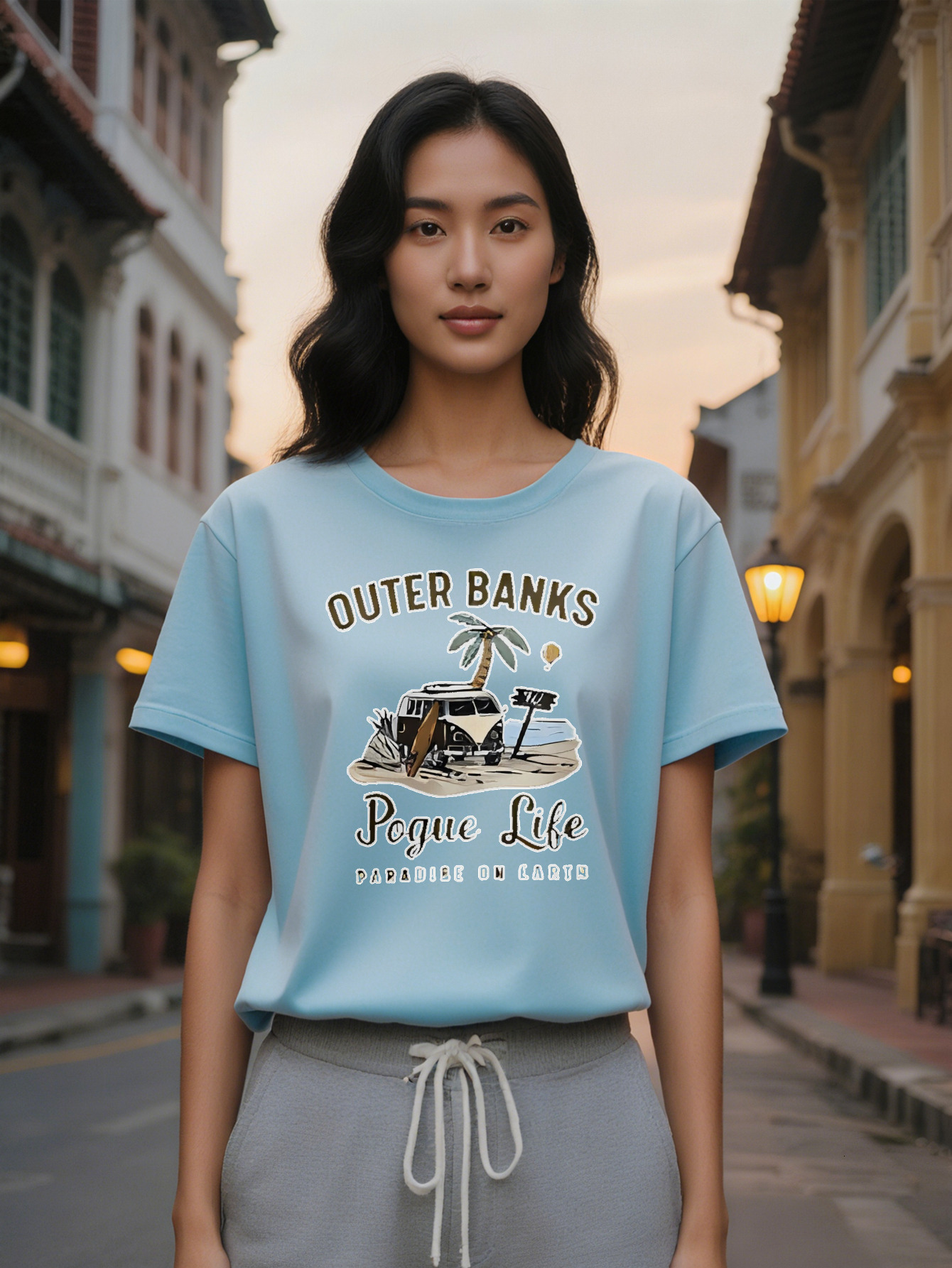 Large XL Women's Casual Crew Neck T-Shirt with Vintage Beach Print Short Sleeve Black Graphic Tee Featuring Outer Banks Life Plus Size