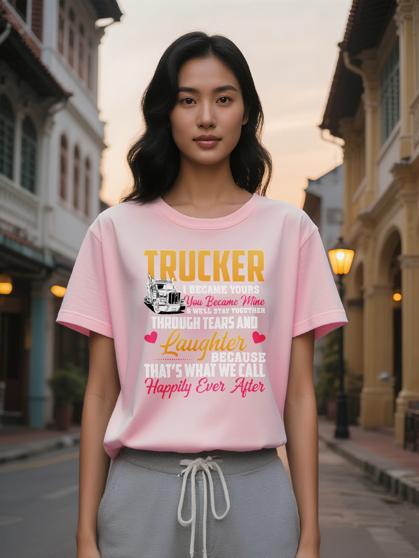 Lady Casual Crew Neck T-Shirt Trucker Theme Print Black with Yellow Pink Design I Yours Because You Became