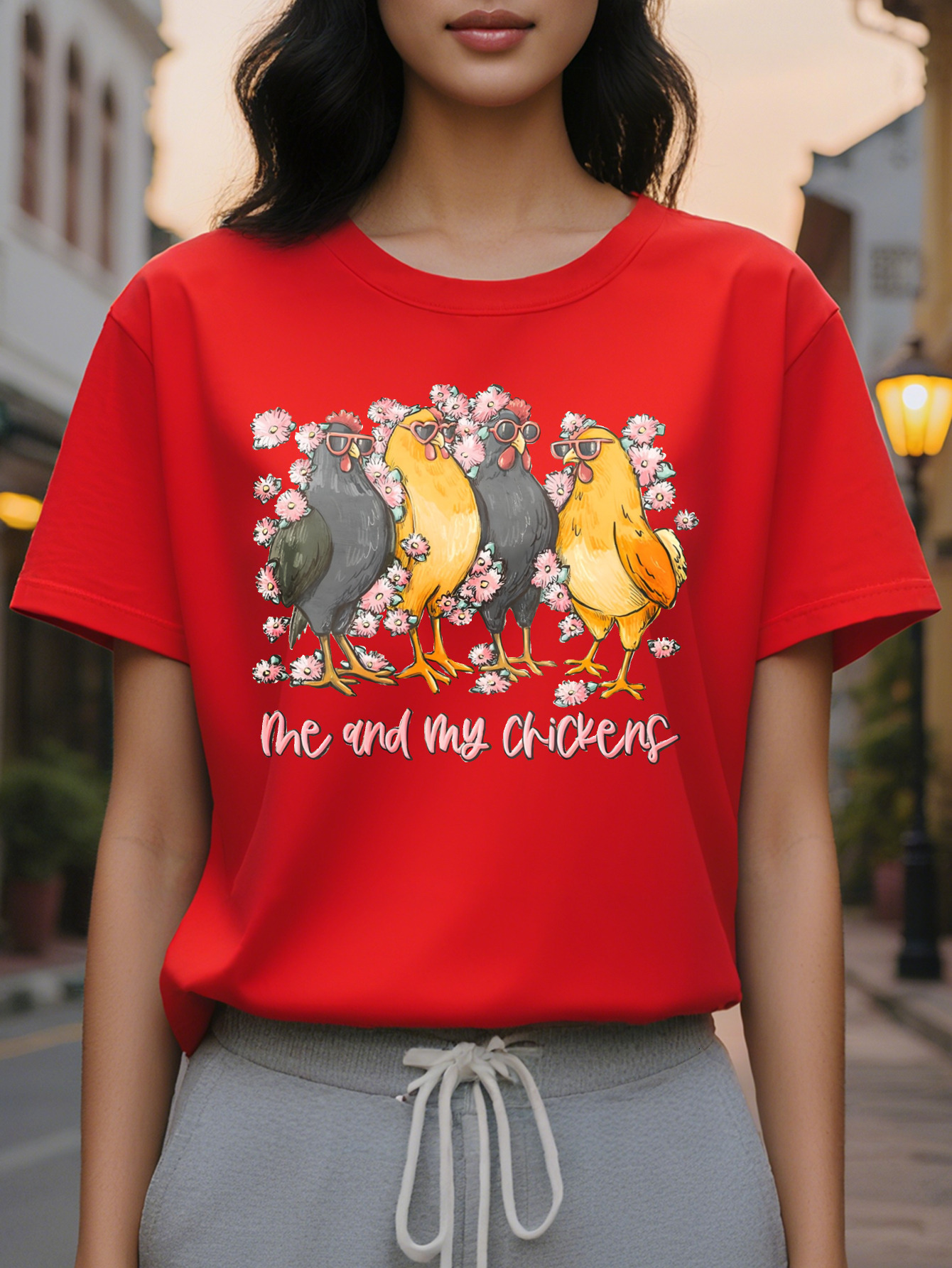 Women S Crew Neck T Shirt with Chick Graphic Print Me and My Chickens Design Short Sleeve Lightweight Cotton