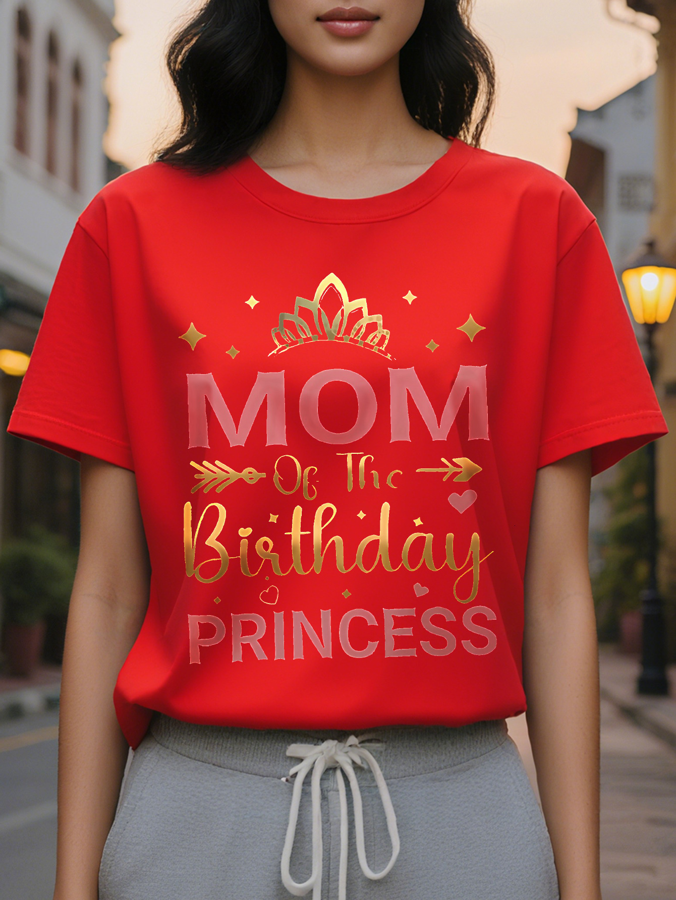 Large XL Women's Short Sleeve Crew Neck T-Shirt Mom Birthday Princess Crown Letter Print Black with Pink Golden Accents Plus Size
