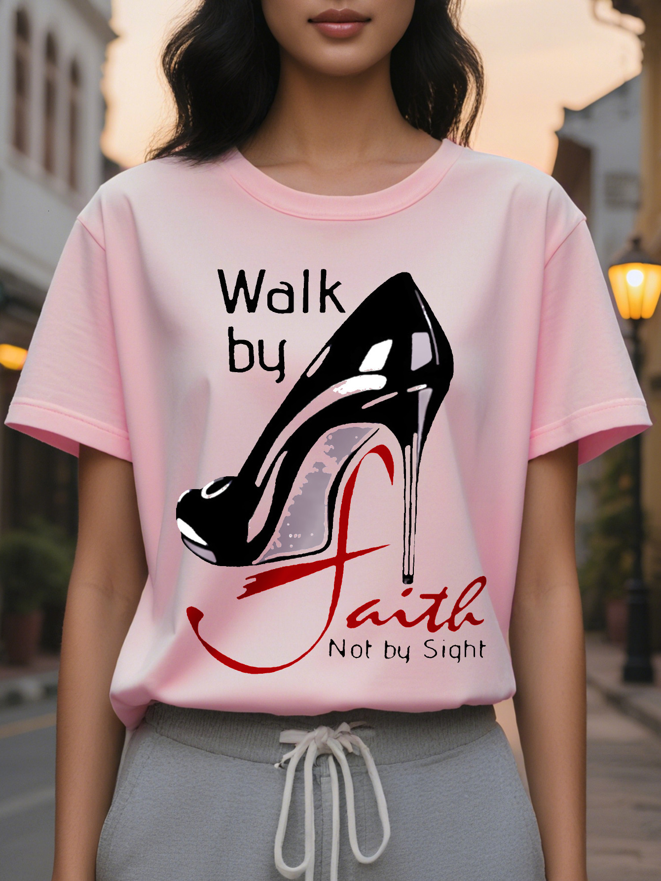 Large XL Walk by Faith Graphic Tee Soft Mid Elasticity Cotton Crew Neck Short Sleeve Top SpringSummer Regular Length hine Plus Size