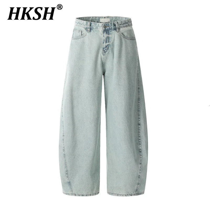 HKSH Spring Man Punk Heavy Washed Jeans American Trend Loose Wide Leg Light Color Vintage Ins Banana Denim Pants HK4767 250823