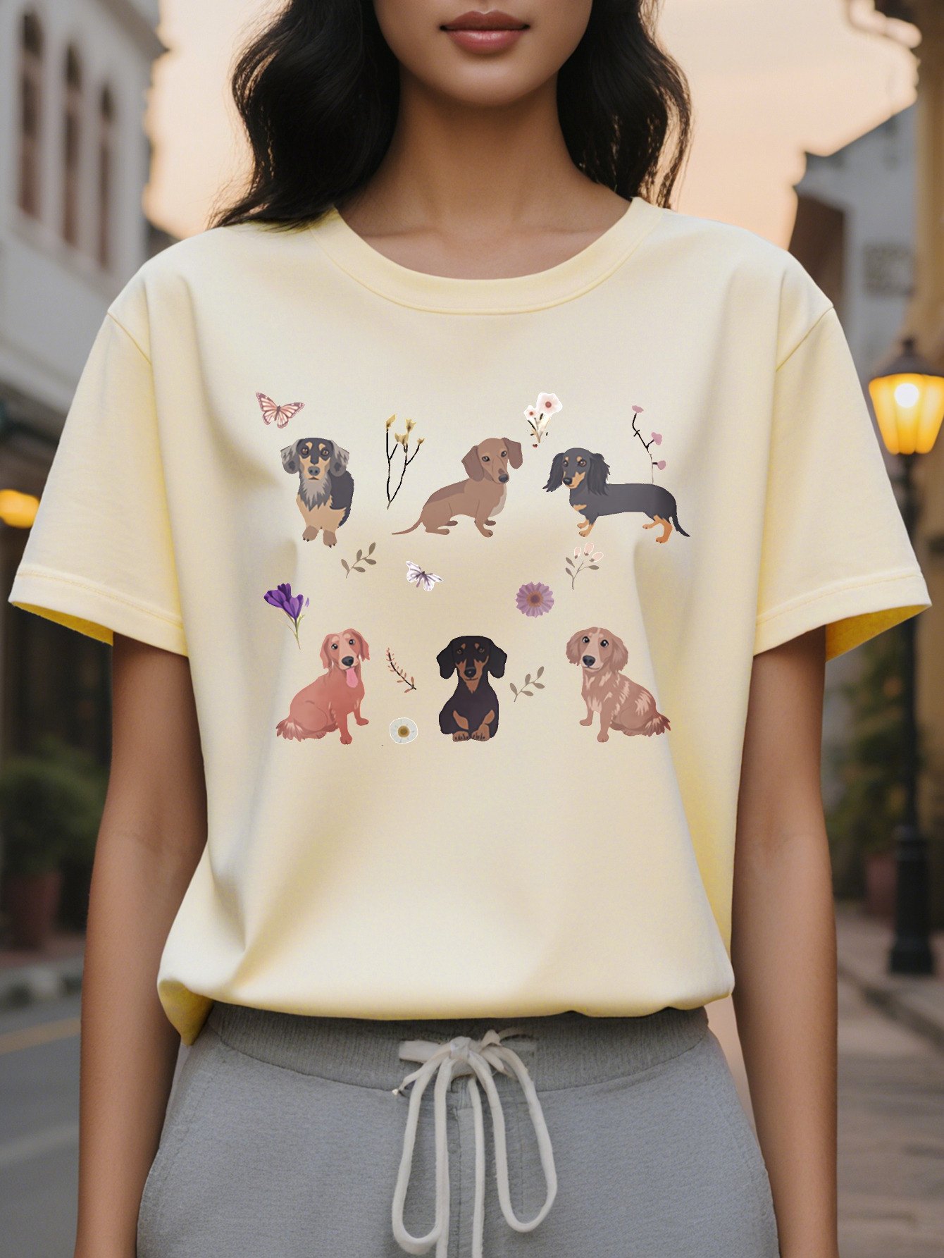 Dog American Print Pattern Fashion Round Neck Short Sleeve T-shirt Spring and Summer New Slim Fit Slimming Women's Top