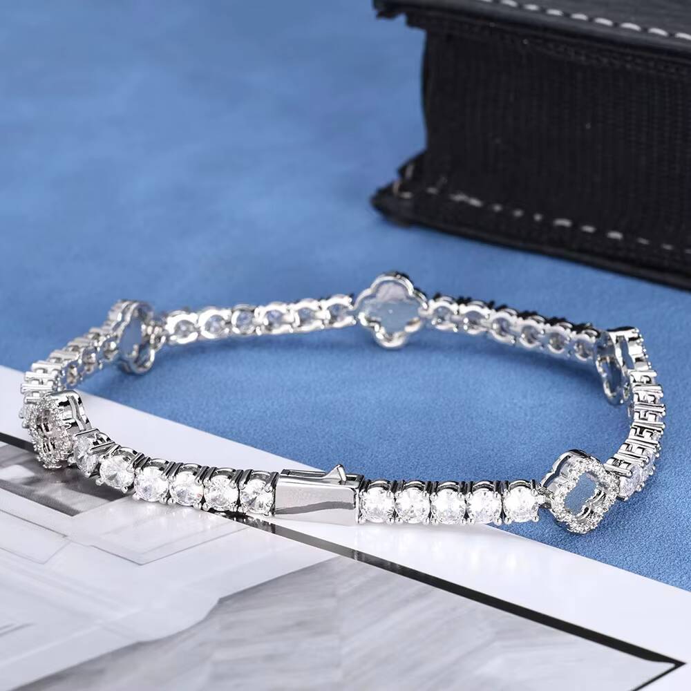 Fashionable Gold Plated 4mm Tennis Link Chain Necklace Unisex Hip Hop Style with Moissanite Diamond Black Clover Charm Jewelry Gift