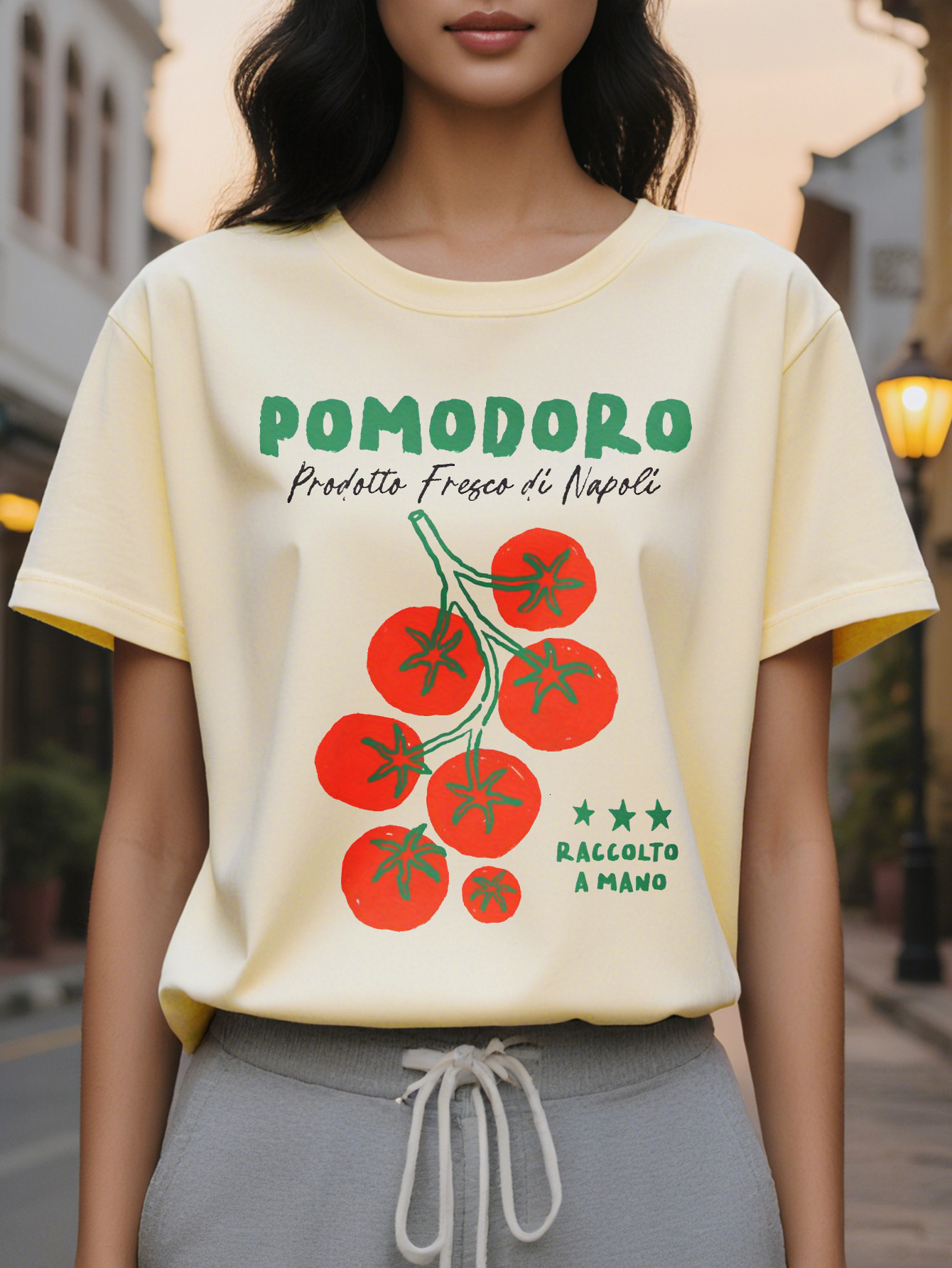 Women's Elegant Summer T-Shirt White Short Sleeve Round Neck Top Bright Tomato Pattern and Italian Products from Naples
