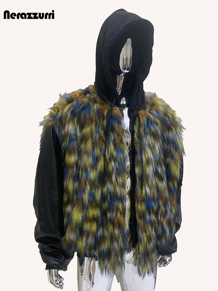 nerazzurri Autumn Winter Cool Oversized Thick Warm Patchwork Faux Fur Coat Men 2 Pieces Clothes Hoodie Fluffy Jacket 250904