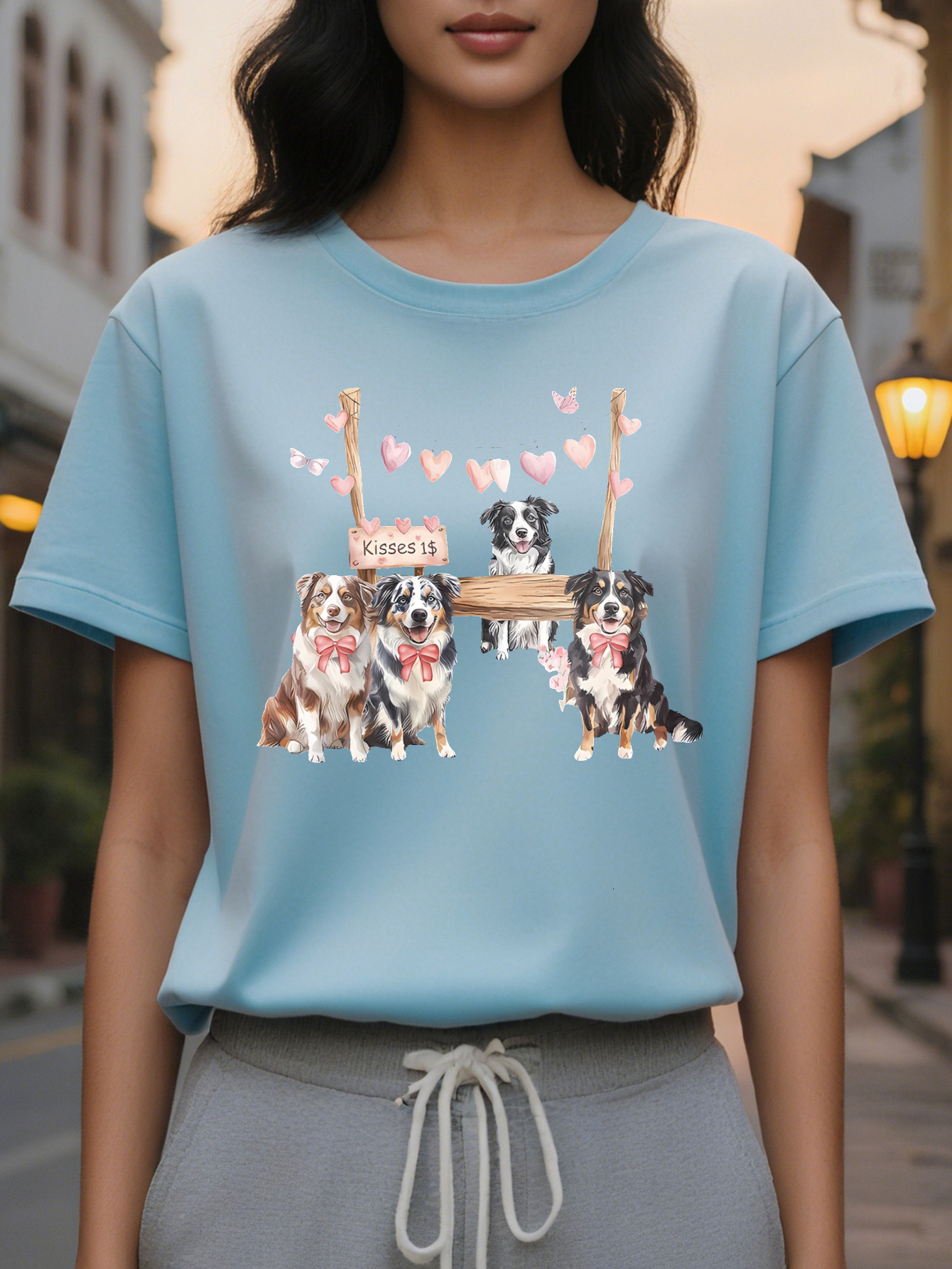 Large XL Cotton Casual Crew Neck Short Sleeve T-Shirt Australian Shepherd Dog Mom Gift Drawing Pattern Print for Women Plus Size